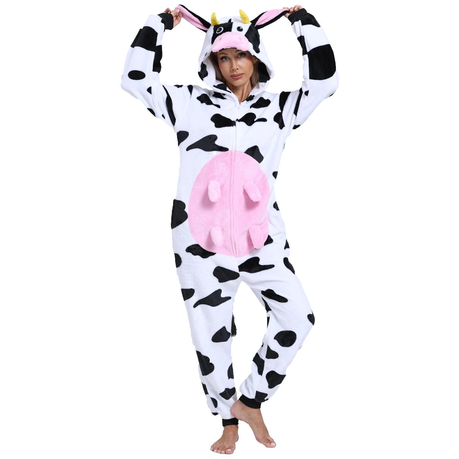 7398 Adult Onesie Pajamas Animal One Piece Pink Cow Costume Halloween